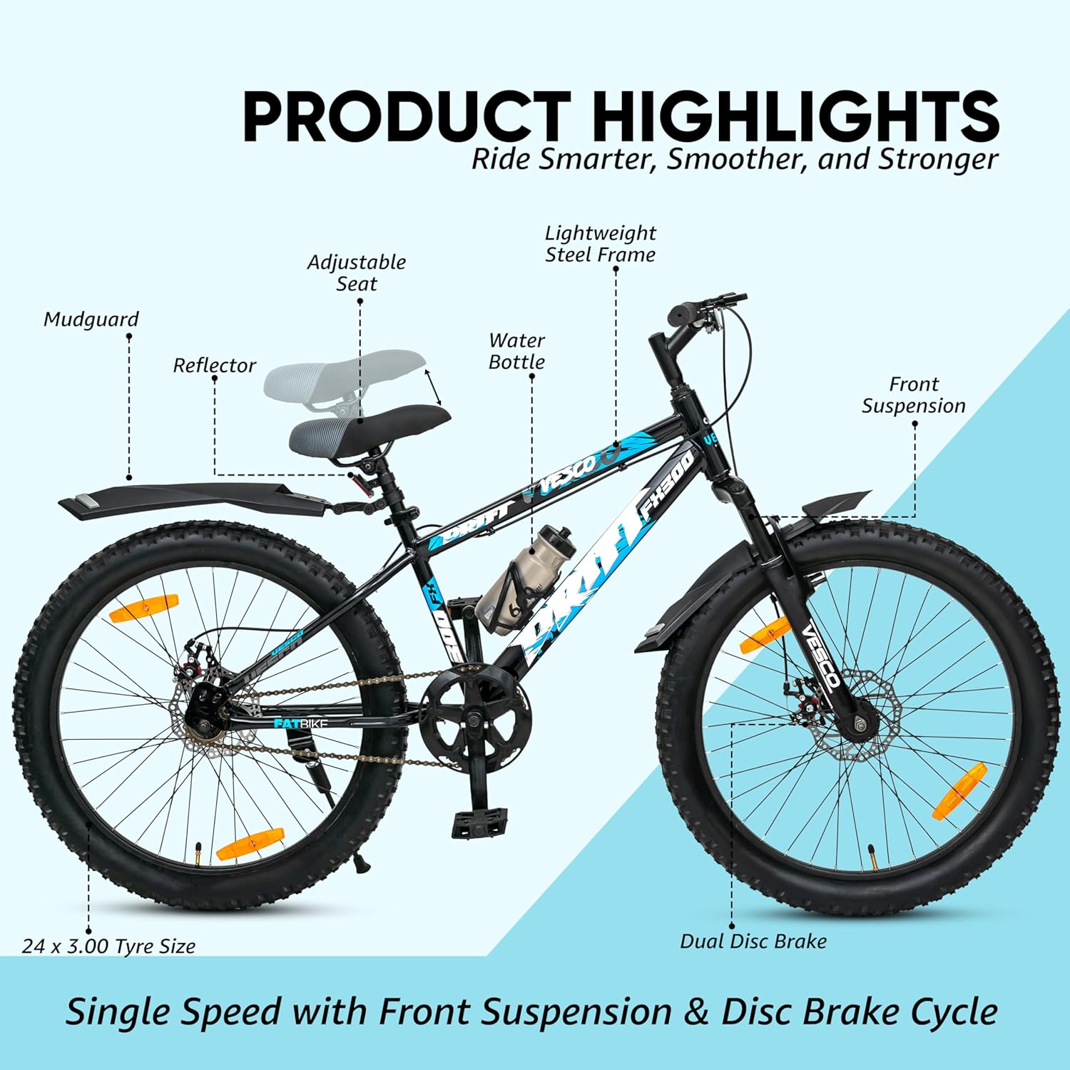 VESCO Drift FX300 24T Kids Electric Cycle – Semi-Fat Tyres, Front Suspension & Dual Disc Brakes | Stylish E-Bike for Boys & Girls