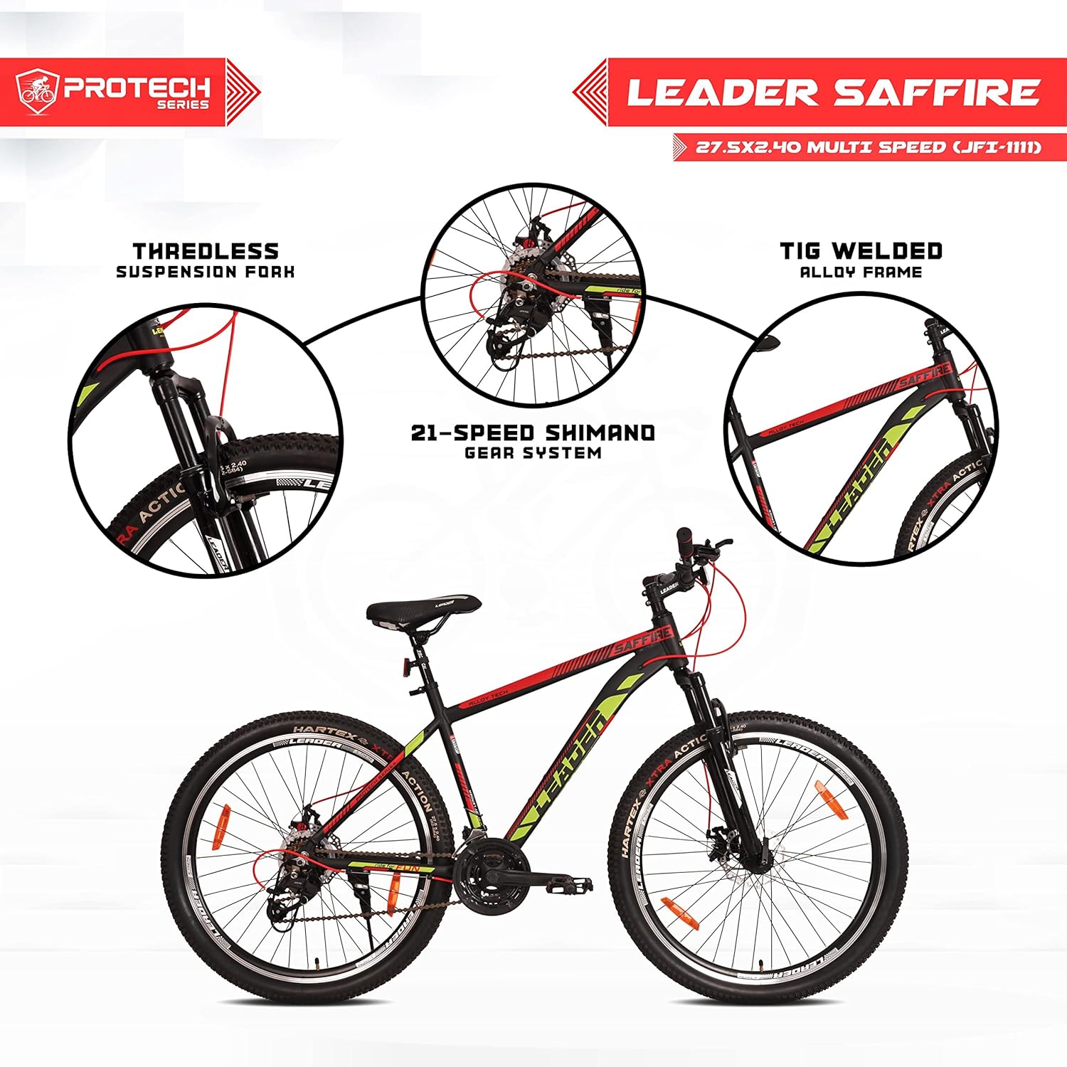 Leader Saffire 27.5T Electric Cycle | Affordable Mountain E-Bike with Dual Disc Brakes & Gears