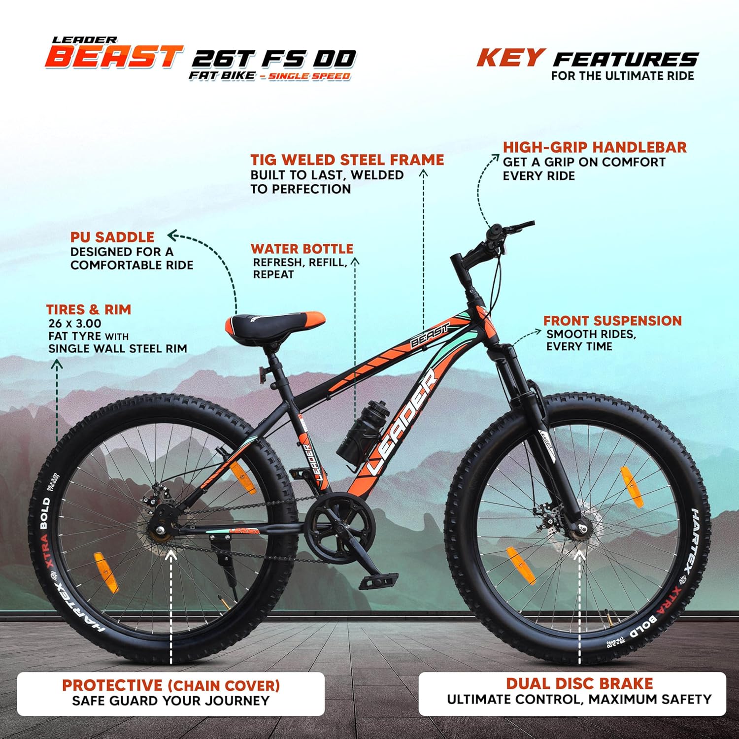 Leader Beast 26″ Fat Bike | Hybrid Mountain Cycle with Dual Disc Brakes & Suspension