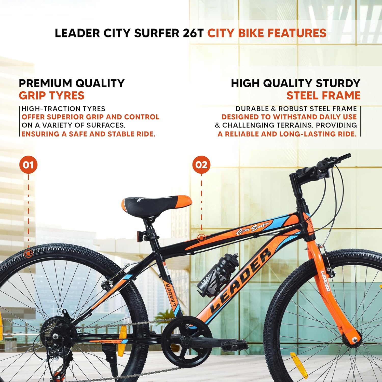Leader City Surfer 26T Electric Cycle | 7-Speed Affordable E-Bike with Alloy Steel Frame (Matt Black & Orange)