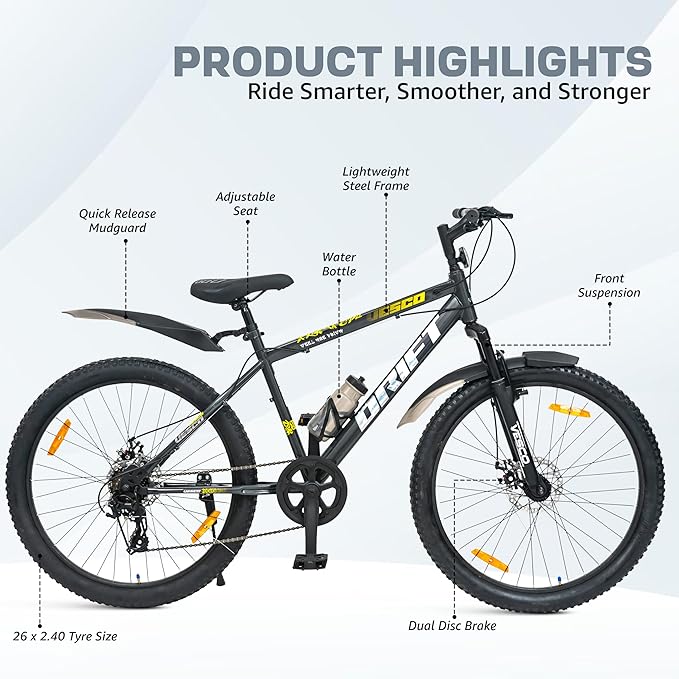 VESCO Drift 26T Electric Cycle – 7-Speed Mountain E-Bike with Dual Disc Brakes & Suspension