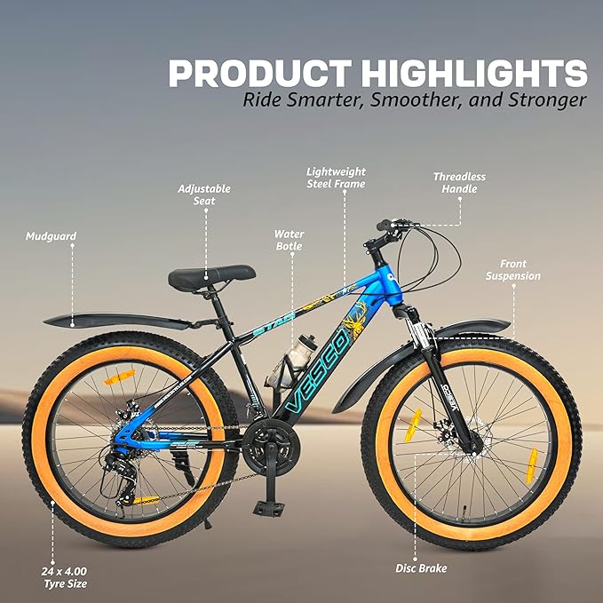 VESCO Stag 24T Electric Fat Tyre Cycle – 250W Motor, 40–50km Range & 21-Speed Gears