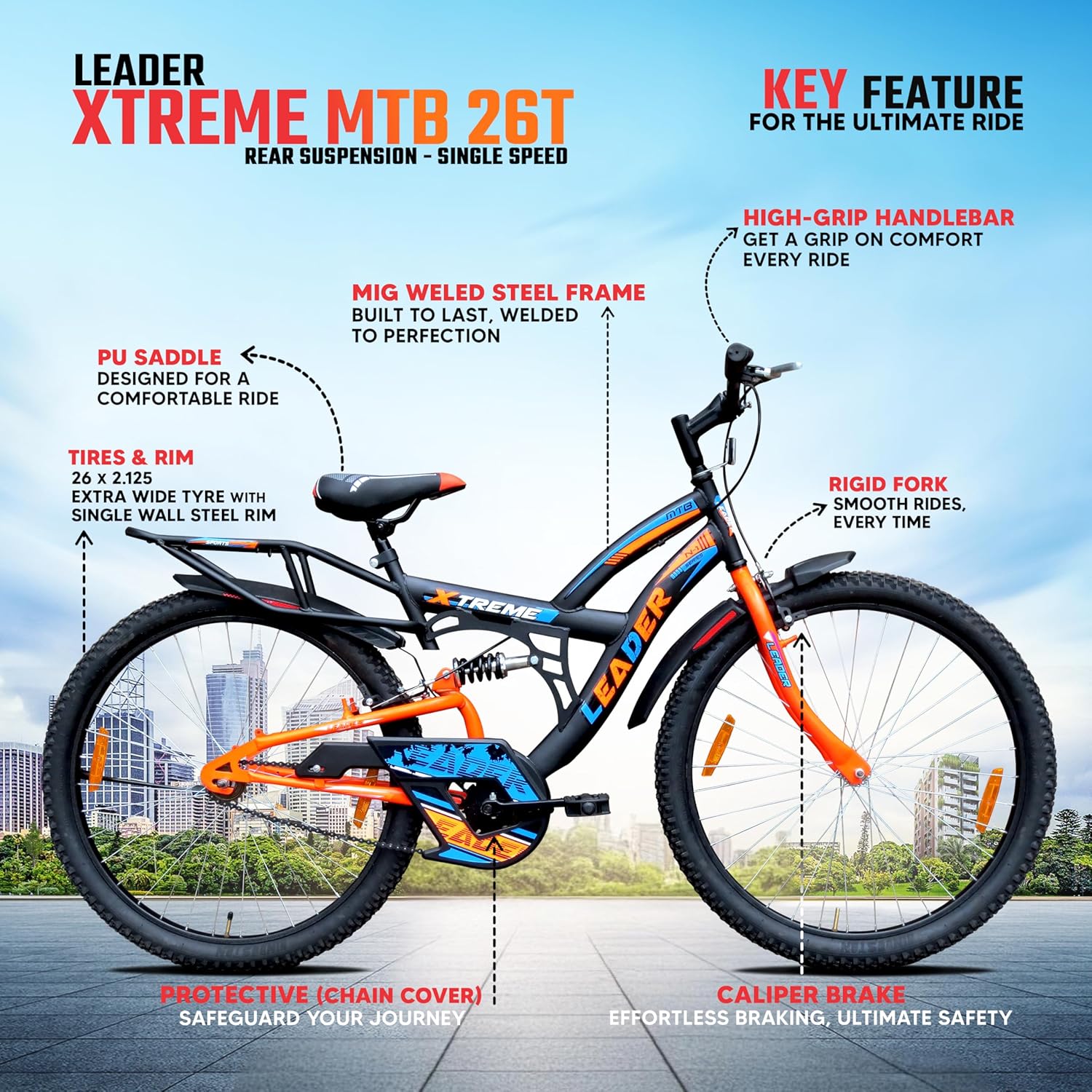 Leader Xtreme 26T Electric Cycle for Men – Rear Suspension, 26″ Wheels & Dual Brakes | Affordable E-Bike for Daily Commutes