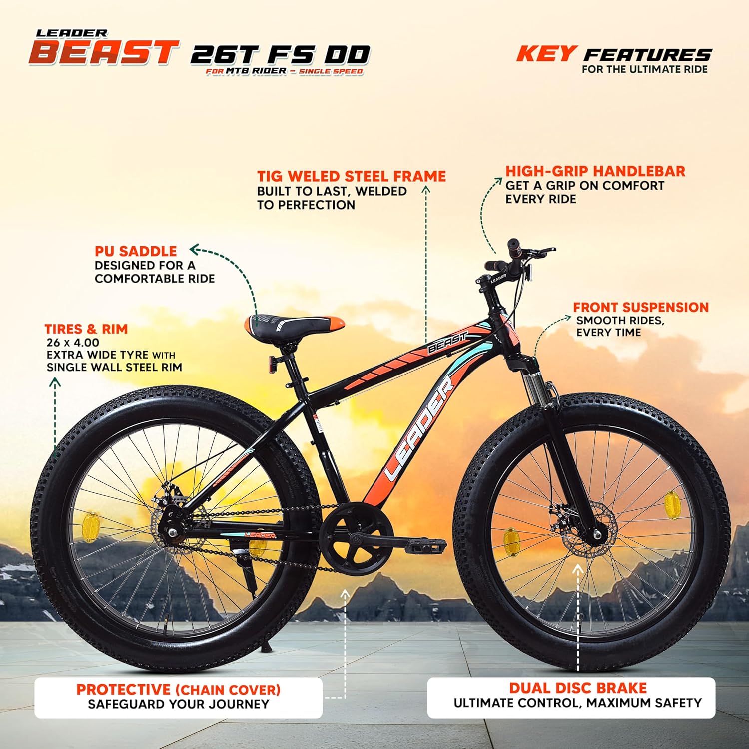 Leader Beast 26x4.00 Fat Tire Electric Cycle – Dual Disc Brakes, Front Suspension & Powerful Ride