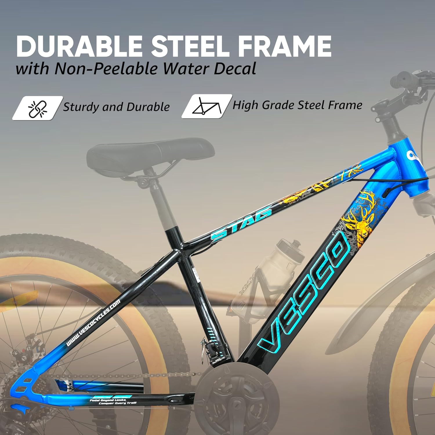 VESCO Stag 24T Electric Fat Tyre Cycle – 250W Motor, 40–50km Range & 21-Speed Gears