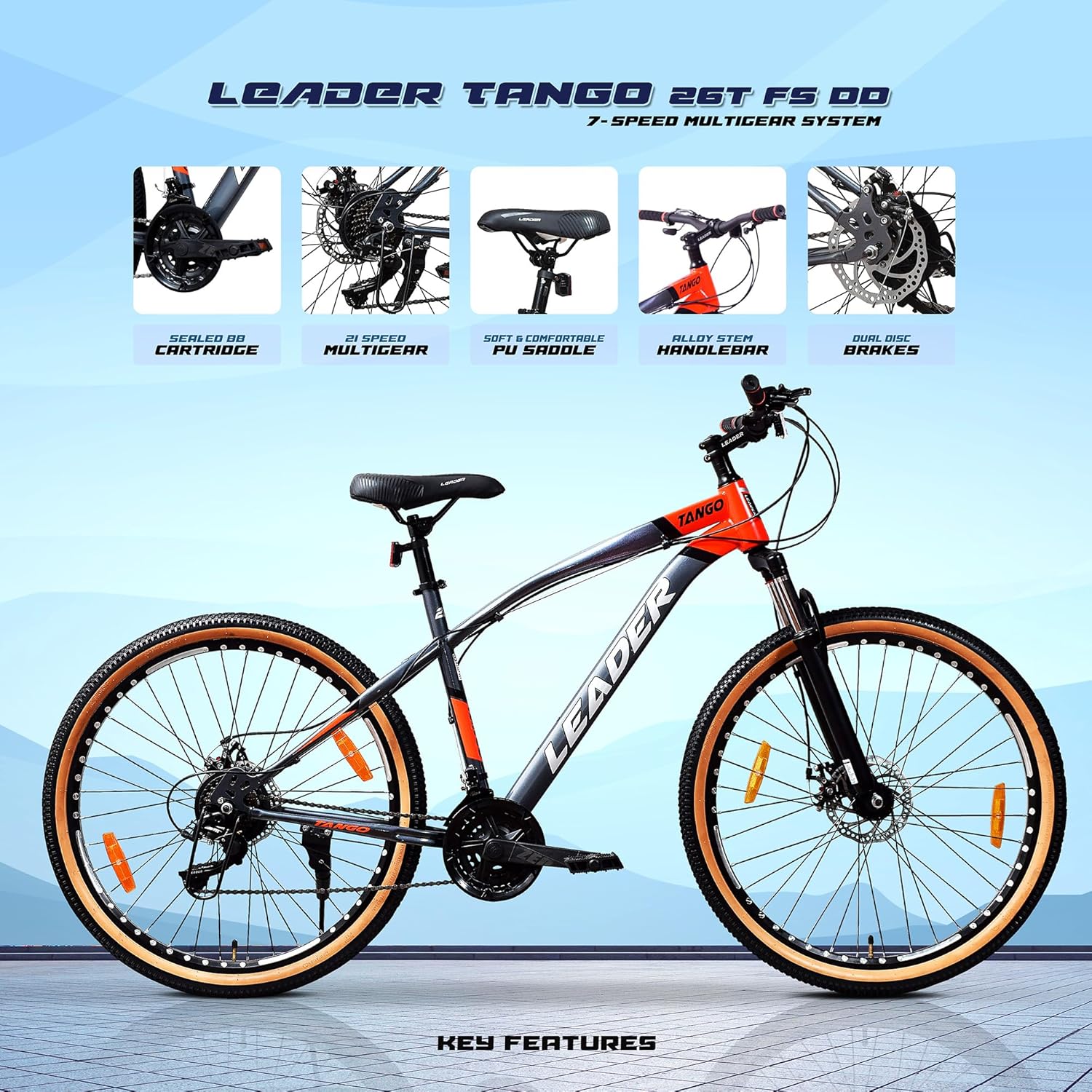 Leader Tango 26T Gear Bicycle for Men | 7-Speed MTB with Disc Brakes & Suspension