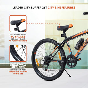 Leader City Surfer 26T Electric Cycle | 7-Speed Affordable E-Bike with Alloy Steel Frame (Matt Black & Orange)
