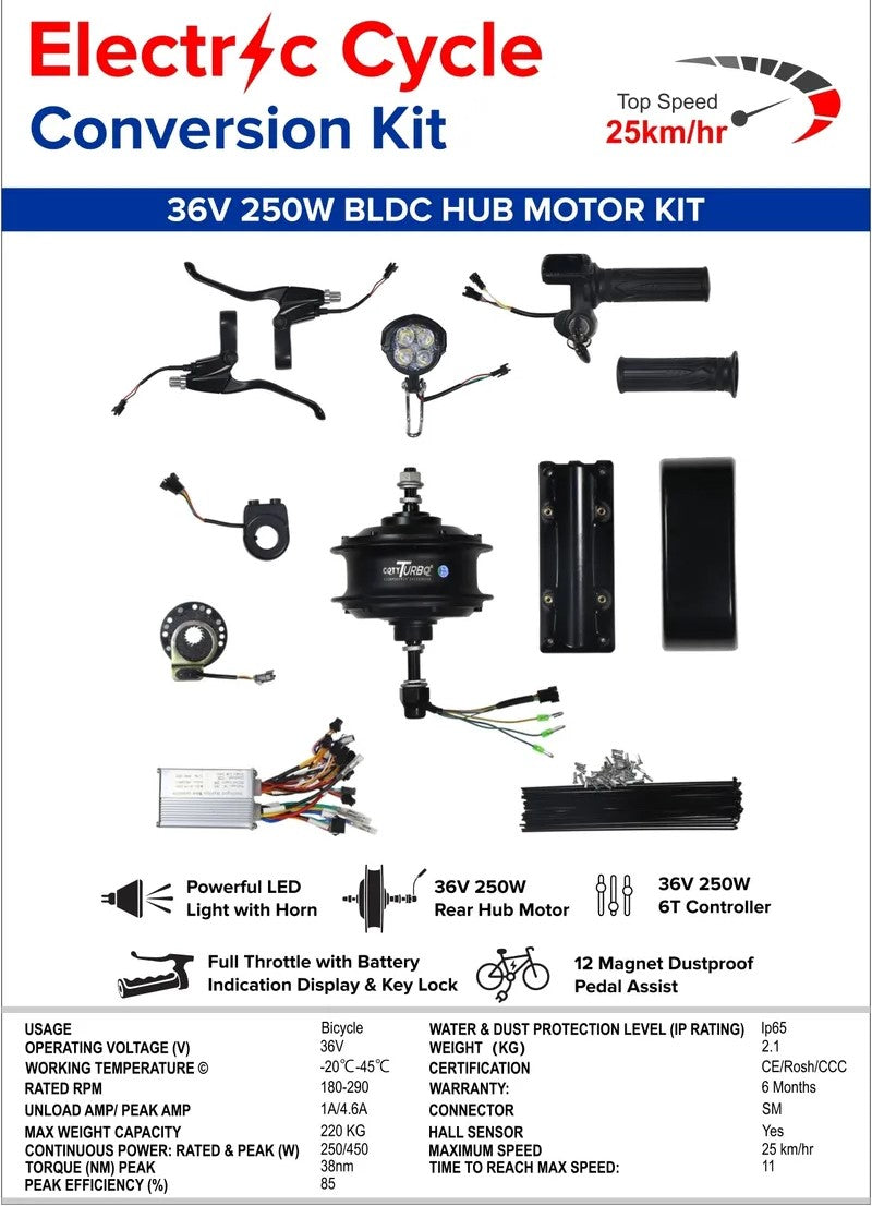 Electric Cycle Conversion Kit for MTB – BLDC Motor, PAS, Throttle, Light & Horn