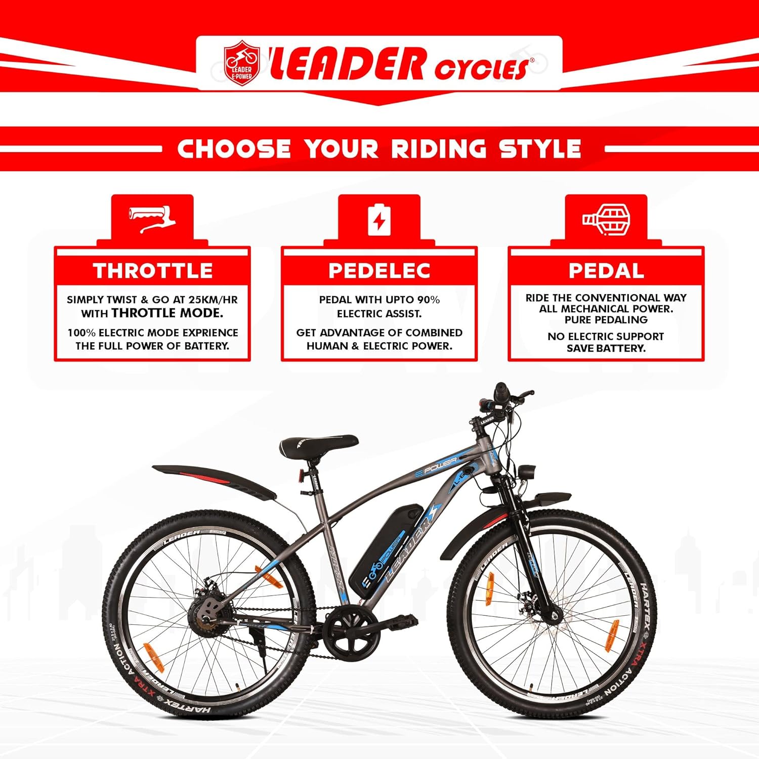 Leader E-Power L6 Electric Cycle – 27.5T E-Bike with 250W Motor, Dual Disc Brakes & Suspension