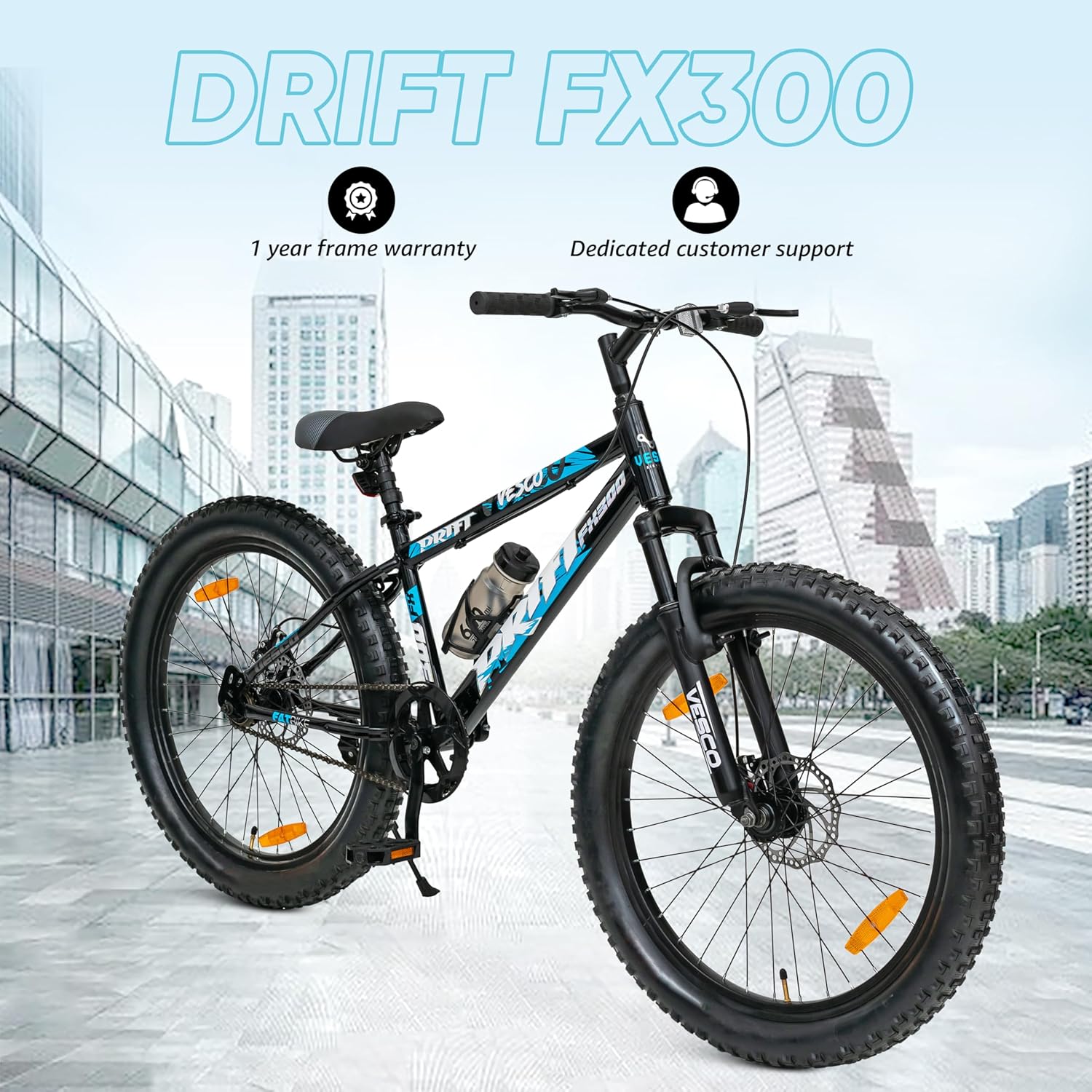 VESCO Drift FX300 24T Kids Electric Cycle – Semi-Fat Tyres, Front Suspension & Dual Disc Brakes | Stylish E-Bike for Boys & Girls
