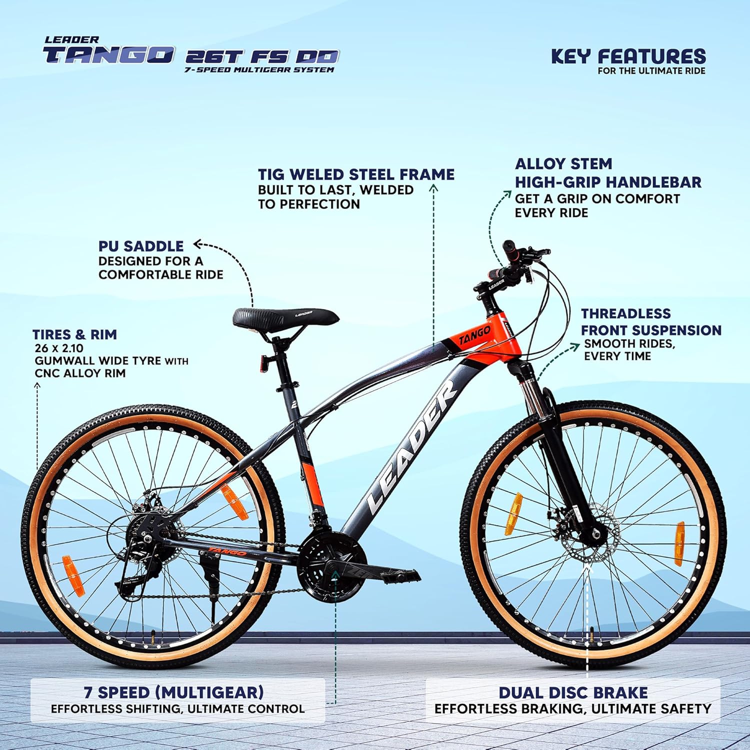 Leader Tango 26T Gear Bicycle for Men | 7-Speed MTB with Disc Brakes & Suspension