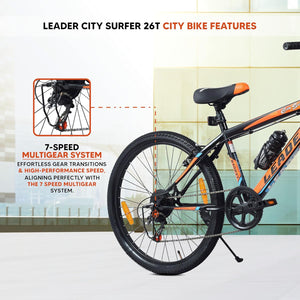Leader City Surfer 26T Electric Cycle | 7-Speed Affordable E-Bike with Alloy Steel Frame (Matt Black & Orange)