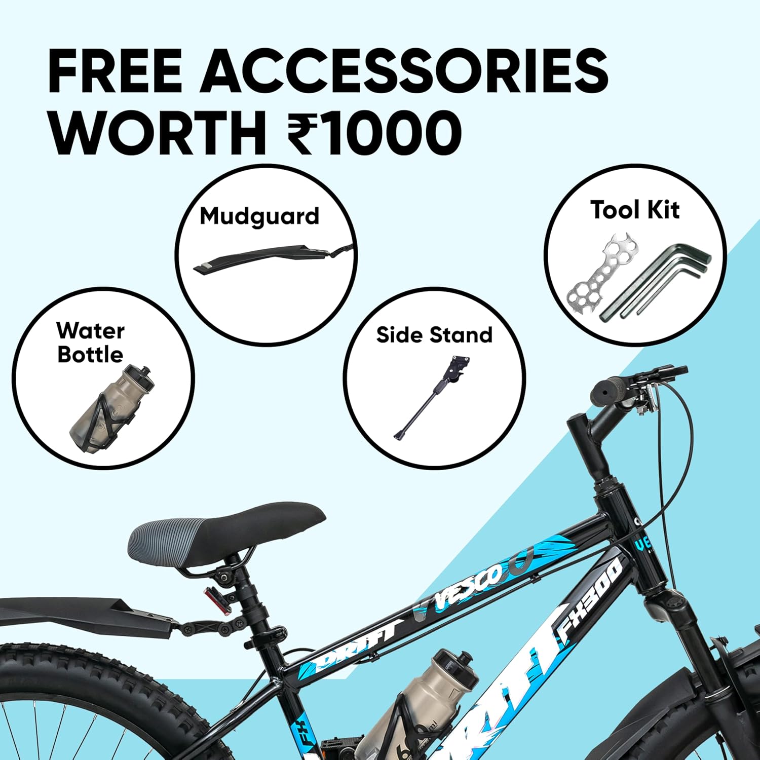 VESCO Drift FX300 24T Kids Electric Cycle – Semi-Fat Tyres, Front Suspension & Dual Disc Brakes | Stylish E-Bike for Boys & Girls